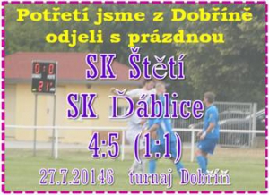 Celý zápas jsme soupeře brankově na turnaji v Dobříni dotahovali. 6 minut před koncem se to povedlo,ale stejně mužstvo dospělých v poslední minutě o remízu ještě přišlo.   