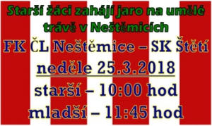 V neděli 25.3.2018 v 7:45 hod odjíždí štětská žákovská výprava do Neštěmic. O tom jak jsou připraveni prověří domácí FK ČL. 