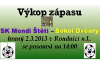 Zítřejší výkop zápasu 2.3.2013 s Ovčáry se posouvá na 14:00