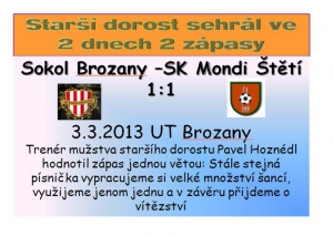 Starší dorostenci o víkendu 2x remizovali 3..3.13 Brozany - Štětí 1:1