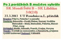 23.3..2013 1.jarní kolo B mužstva dospělých bylo odloženo a v náhradním zápase jsme porazili Liběšice 3:0 