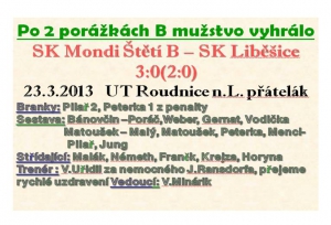 23.3..2013 1.jarní kolo B mužstva dospělých bylo odloženo a v náhradním zápase jsme porazili Liběšice 3:0 