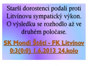 Starší dorostenci vydrželi bez inkasováné branky v zápase s Litvínovem pouze poločas