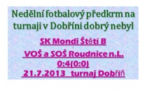 Nedělní výkon B mužstva dospělých na turnaji v Dobříni byl zklamáním