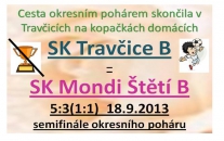 Dlouhá pohárová cesta B mužstva  měla svůj konec 18.9.2013 v Travčicích