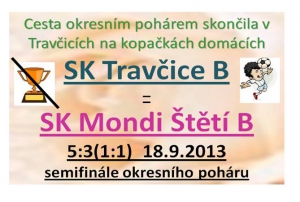 Dlouhá pohárová cesta B mužstva  měla svůj konec 18.9.2013 v Travčicích