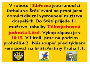 Přijďte v sobotu fandit. Mužstvo dospělých se utká s Litolí 