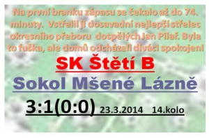 Na dvou frontách bude na jaře bojovat B mužstvo dospělých. Zápasy o vítězství v okresním přeboru zahájilo dnes a finále okresního poháru je čeká 1.5.2014