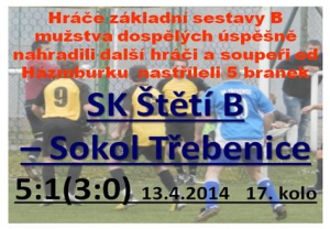 Na podzim B mužstvo Třebenicích prohrálo 1:0 brankou z penalty. V jarní odvetě se překvapení nekonalo. 