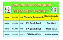 Mladší přípravka jede v sobotu na turnaj do Brozan, mladší a starrší žác v neděli  do Souše a starší přípravka také v neděli hraje společně s Roudnicí n.L. derby v Litoměřicích