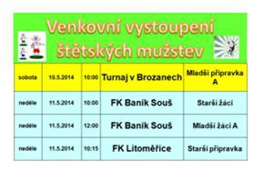 Mladší přípravka jede v sobotu na turnaj do Brozan, mladší a starrší žác v neděli  do Souše a starší přípravka také v neděli hraje společně s Roudnicí n.L. derby v Litoměřicích