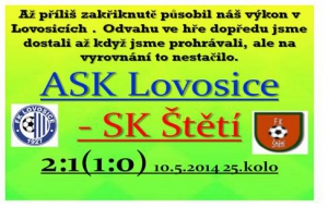 Lovosice vedly 2:0 a měly další šance k zvýšení nákoku. V závěru naše A mužstvo snížilo a nebýt několika ofsajdů, tak z  toho mohl být i bod. 