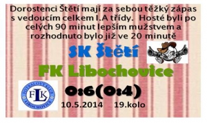 Dorostenci bojovali, snaha byla, ale Libochovice předvedly, že jsou v tomto ročníku v I.A třídě skupiny B suverénně nejlepší. 