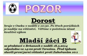 Dorost a mladší žáci B jedou za soupeři až v neděli. mladší přípravka B také v neděli hraje dopoledne v Libochovicích svůj poslední turnaj základní skupiny. 