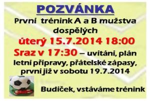 Letní příprava  A i B mužstva zahajuje v úterý 15.7.2014