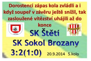 Zápas dorostenců s Brozany přinesl skvělou fotbalovou podívanou. Dramatické momenty až do úplného konce, po kterém se radovala štětská jedenáctka. 