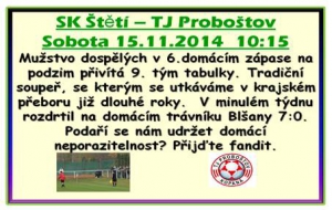 Je polovina listopadu, ale fotbal ve Štětí na hřišti ještě nekončí. V sobotu dopoledne čeká naše musžstvo dospělých další mistrovský zápas.  