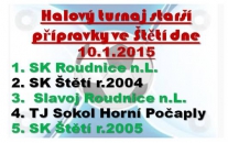 Jako první v novém roce vstoupili do zimních soutěží hráči starší přípravky. V hale Vyšší odborné a střední školy ve Štětí  se 10.1.2015 konal pěkný turnaj fotbalových nadějí.