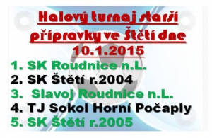 Jako první v novém roce vstoupili do zimních soutěží hráči starší přípravky. V hale Vyšší odborné a střední školy ve Štětí  se 10.1.2015 konal pěkný turnaj fotbalových nadějí.