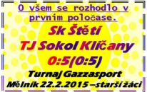 V posledním zápase základní skupiny starší žáci vysoko prohráli a v neděli 8.3.2015 je čeká zápas se 4. mužstvem tabulky, o kterém není ještě rozhodnuto. V naší skupině rozhodovalo v minitabulce skóre a to jsme měli nejhorrší.   