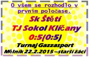 V posledním zápase základní skupiny starší žáci vysoko prohráli a v neděli 8.3.2015 je čeká zápas se 4. mužstvem tabulky, o kterém není ještě rozhodnuto. V naší skupině rozhodovalo v minitabulce skóre a to jsme měli nejhorrší.   