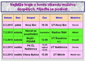 Už jen týden zbývá do zahájení jarních mistrovských soutěží mužstva dospělých. Poslední zkouškou je pohárové utkání, které se hraje v Roudnici n.L. Ano ostatní mužstva nebudou zahálet  a hned po návratu ze soustředění je čekají další zápasy.
