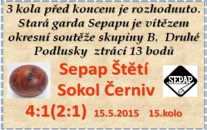 15. kolo, 15. května, jen ty branky v síti soupeře byly pouze 4. Na vítězství staré gardy to ale stačilo a oslavy konečného prvenství ve skupině mohou začít. Gratulujeme.
