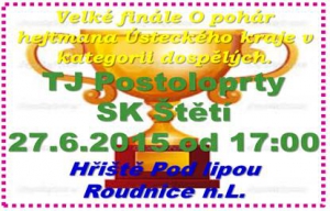Nejvyšší soutěže jsou rozlosovány a v pondělí 29.6.2015 budou znát soupeře i mužstva řízená Ústeckým krajským fotb.svazem. Jedna soutěž ale ještě uzavřena není a tou je finále poháru, kde se dnes bude o příčku nejvyšší ucházet naše mužstvo dospělých. 