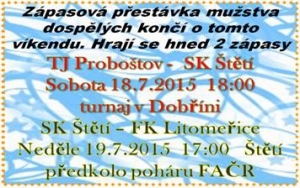 Fotbaloví fanoušci si o tomto víkendu přijdou na své. V Dobříni začíná tradiční a oblíbený turnaj. V sobotu se utkáme s TJ Proboštovem a ještě těžší utkání nás čeká v neděli doma v předkole poháru FAČR s Litoměřicemi.