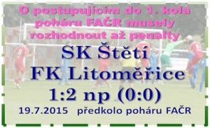 Byli jsme blízko postupu do 1. kola poháru FAČR.  Vedli jsme 1:0,a le soupeř vyrovnal. Šancí jsme měli hodně, ale zůstaly nevyužity a tak se musely kopat penalty.. Budeme   
