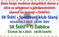  Fanoušky fotbalu zveme dnes a zítra na zápasy mužstva dospělých. SK Slaný účastník I.A třídy Středočeského kraje a TJ Ďáblice, které hrají stejnou soutěž v pražské oblasti.