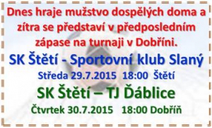  Fanoušky fotbalu zveme dnes a zítra na zápasy mužstva dospělých. SK Slaný účastník I.A třídy Středočeského kraje a TJ Ďáblice, které hrají stejnou soutěž v pražské oblasti.