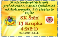 Mužstvo dospělých bodovalo i ve 3. podzimním zápase. Tentokrát zdolalo loňského účastníka divize TJ Krupku