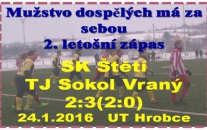 Zimní příprava dospělých pokračovala zápasem 2 rozličných poločasů. Zatím, co v 1. jsme předvedli solidní výkon, tak ve 2. jsme herně nezvládli a po vítězství 3:2 se radoval soupeř z Vraného