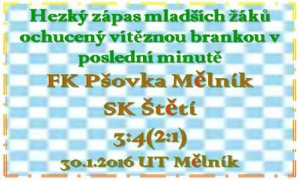Ve skupině B  Zimní ligy mladších žáků na Mělníku maji všechna mužstva 3 body. Bohužel naše mužstvo má nejhorší skóre, i když proti Pšovce podalo dobrý výkon.