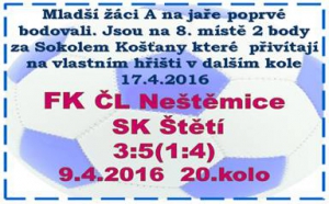 Olda Malecha se rozstřílel a velkou měrou přispěl k vítězství mladších žáků v Neštěmicích. Jarní soutěž zahájili i mladší žáci B, kteří prohráli v Polepech 5:1 