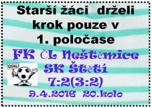 Ve 20.kole Ústeckého přeboru Neštěmice úlohu favorita splnily. Starší žáci  SK Štětí zůstávají na 12. místě 