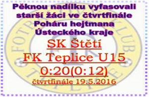2 předchozí kola museli starší vyhrát než si zahráli proti Teplicím. Stopka v poháru byla hodně červená, ale i tento výsledek je pro hráče velká fotbalová zkušenost. která pomůže v dalším fotbalovém růstu.