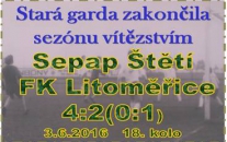 Ještě 10 minut před koncem stará garda s Litoměřicemi prohrávala.  V závěru se však rozstřílela a 3 brankami strhla vítězství na svou stranu. Konec sezóny znamenající 4. místo v okresním přeboru.
