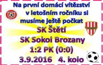 Zápas mužstva dospělých měl stejný scénář, jako poslední zápas doma s Kladnem. Vedli 1:0, soupeř vyrovnal na konečných 1:1 a na penalty jsme prohráli.