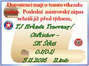V sobotu 5. listopadu zvítězili dorostenci v zápase chudém na branky v Trnovanech 1:0 a zajistili si před zimní přípravou 3. místo ve skupině A I. A třídy 