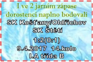 v 1.kole jarní části I.A třídy porazili dorostenci vedoucí celek tabulky  a stejné se jim povedlo i ve 2. kole na hřišti 2. týmu tabulky. Zápas se rozhodoval v poslední desetiminutovce.   