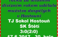 Hostouň vstřelila 1. branku ve 13. minutě. Druhou přidala ještě do poločasu po naší chybě a ve 2. části, i když se náš výkon zlepšil, jsme výsledek nevylepšili. 