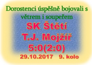 Jediný zápas I. A třídy dorostu skupiny A se hrál v neděli ve Štětí.Ostatní byly z důvodu vichřice odloženy. Utkání se hrálo v naší režii a 1. místo jsme udrželi i před posledním podzimním kolem.