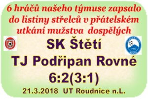 Jako náhrada za odložený zápas proti Hornímu Jiřetínu se nám podařilo k přátelskému zápasu sehnat TJ Podřipan Rovné. Soupeři děkujeme.