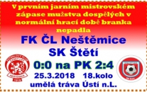 Hřiště v Neštěmicích není na hru ještě připraveno a tak se mužstvo dospělých vydalo k jarní premiéře Ústeckého přeboru na umělku do Ústí n.L. První jarní gól si ale schovalo až na domácí zápas za týden proti Modré. Aspoň v to teda věříme.