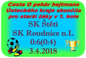 Starší žáci sehráli ve všední den 1. kolo O pohár hejtmana Ústeckého kraje, ale Roudnice n.L. je do dalšího kola nepustila,