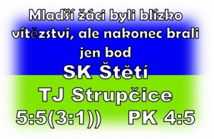 Mladší žáci vedli už 4:1, ale soupeř zabral a v samotném konci vyrovnal na konečných 5:5