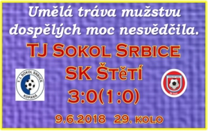 Poslední letošní venkovní zápas. Srbicím jsme v letošním ročníku jako jedinému týmu nevstřelili gól. K zápasu jsme neodjeli v optimální sestavě, navíc jsme nedali za stavu 0:0 penaltu a 1.branku inkasovali v nastavení 1. poločasu.  