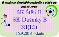 Po jasné výhře v Račiněvsi čekal štětskou rezervu mnohem těžší zápas. Štětí šlo sice do vedení 1:0, ale Dušníky ještě v 1. poločase vyrovnali a až teprve po změně stran si Štětí došlo pro výhru.
